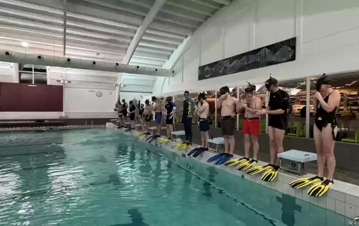 Iedereen staat klaar aan de zwembadrand om in het water te springen tijdens de zwembadtraining - J. Van Laere